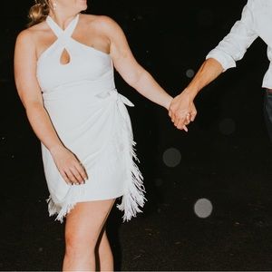 Likely Portrait Dress bridal white fringe halter dress